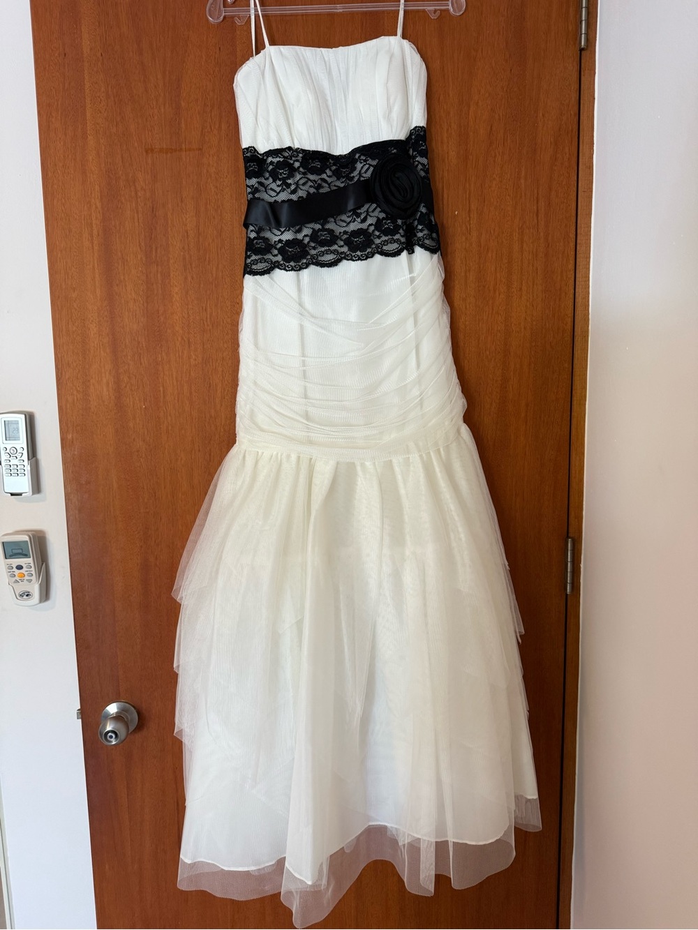 Ivory Strapless Tulle Formal Dress with Black Lace Waistband